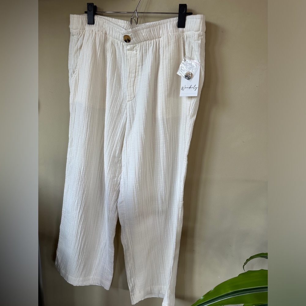 Wonderly Creamy Yellow Cotton Gauze Wide Leg Size L NWT